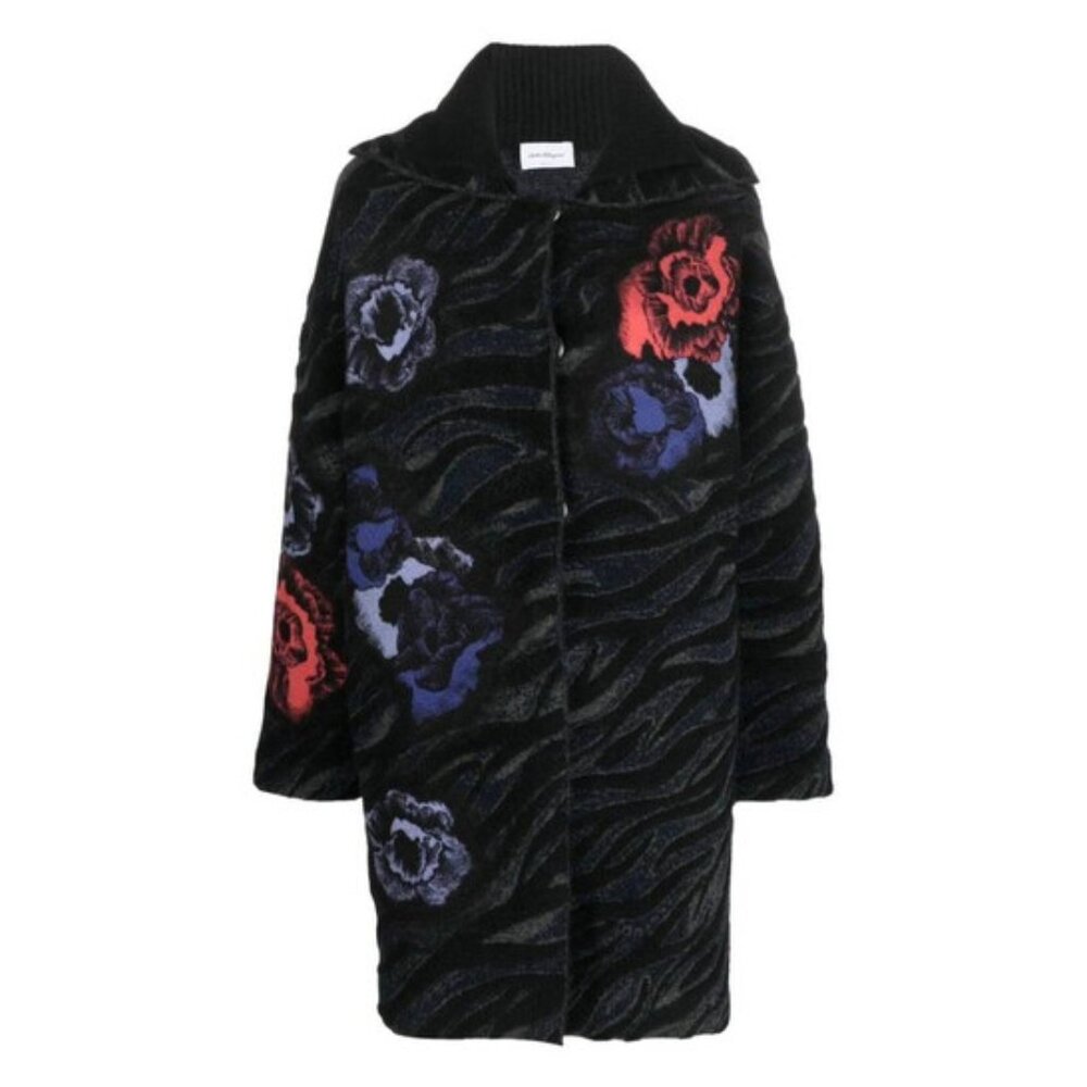 Ferragamo Poppies Jacquard Wool-Blend Coat, Size Medium